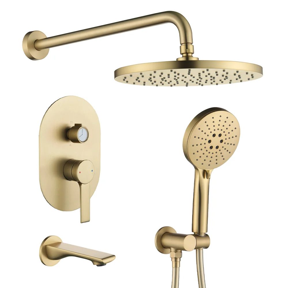 

High End Luxury Brushed Gold 3 Way Rainfall Bathtub Shower Set for Hotel Villa Home Commercial Bathroom Faucets Shower System