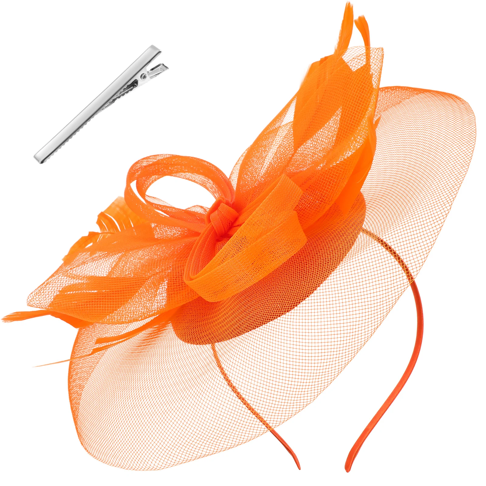 

Flower Hairband Orange Color Gauze Plume Design Tea Party Banquet Hat Wedding Accessories Lightweight Comfortable Long