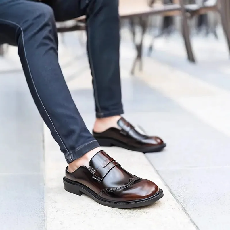 

Retro Cowhide Men's Slippers British Big Round Toe Slip-On Casual Business Shoes Summer New Genuine Leather Handmade Male Shoes