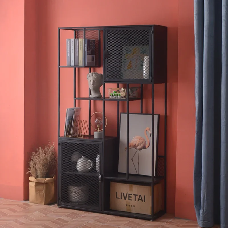 AAWrought Iron Shelf Simple Modern Bookcase With Door Living Room Floor Study Combination Bookcase
