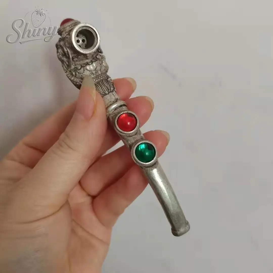 

Vintage White Copper Inlaid Agate Smoking Pipe Creative Dragon Head Design Durable Metal Smoking Pipe for Grandfather Gift