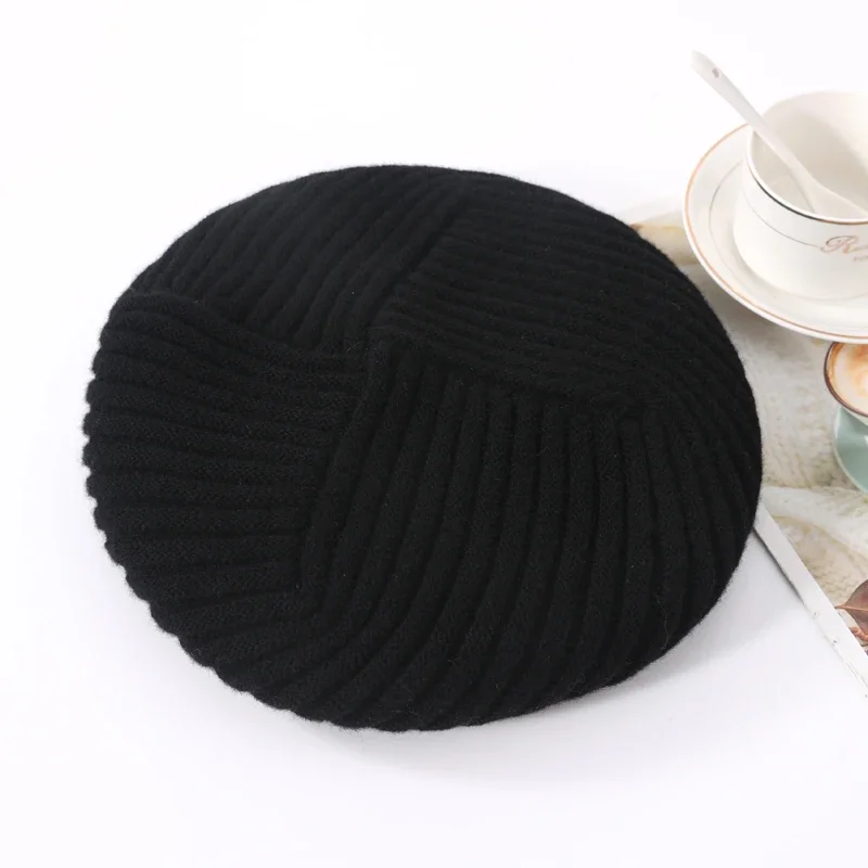 100%Wool Knitted Beret Hat Women Winter French Artist Style Beanies Hat Soft Warm Retro Elegant Cashmere Flap Cap Lady Spring