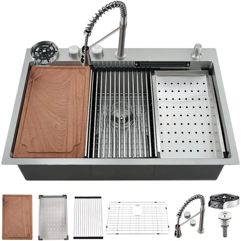 33 Inch Waterfall Drop In Kitchen Sink with Faucet Combo, 33x22 Drop In Waterfall Kitchen Sink Workstation Smart Sink