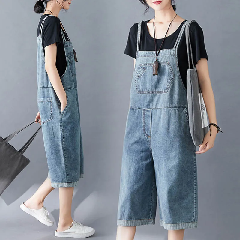 

plus Size Women's Denim Overalls Summer New Loose Slim Wide Leg Jumpsuit Korean Sle Commute Pure Color ket Pants