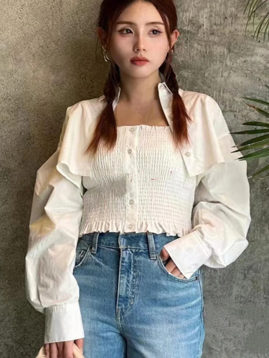 

Casual Pleated Strap Vest Two-Piece Set Pure round M Home Design Sensation Cotton Long Sleeve Shirt Women's Business Casual F...