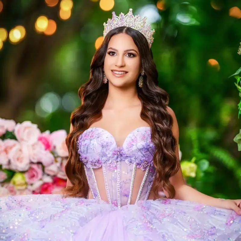 Personalizado brilhante lavanda princesa quinceanera vestidos fora do ombro vestido de baile apliques rendas cristais contas tull doce 16