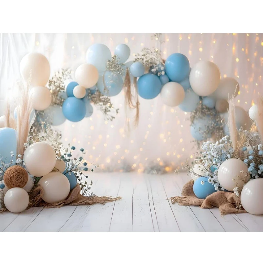 Mehofond Backdrops Blue Blooms Balloons Arch Child Cake Smash Baby Birthday Decor Banner Photography Background Photo Studio