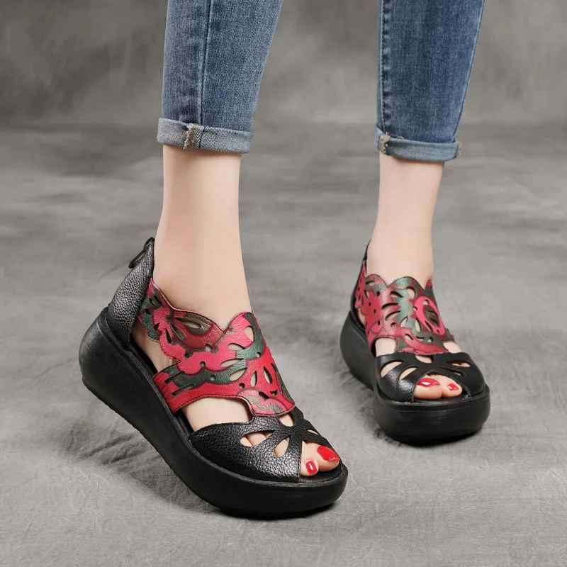 First Layer Cowhide Ethnic Style Handmade Retro Platform Sandals Authentic Leather Hollow out Wedge Women's Peep Toe Sandals