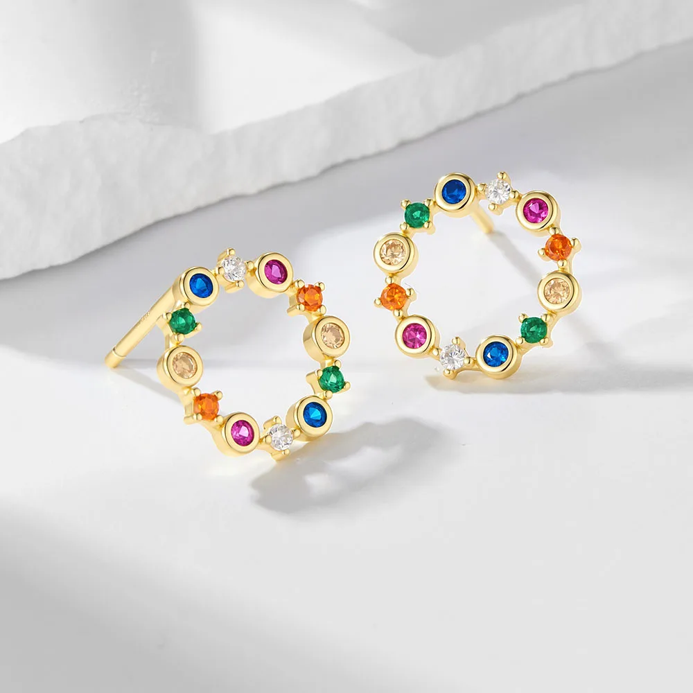 Dave&di Cross Border Ins Fashion Color Zircon Hollow Circle Earrings For Women 925 Pure Silver Retro Diamond Set Rainbow Earring