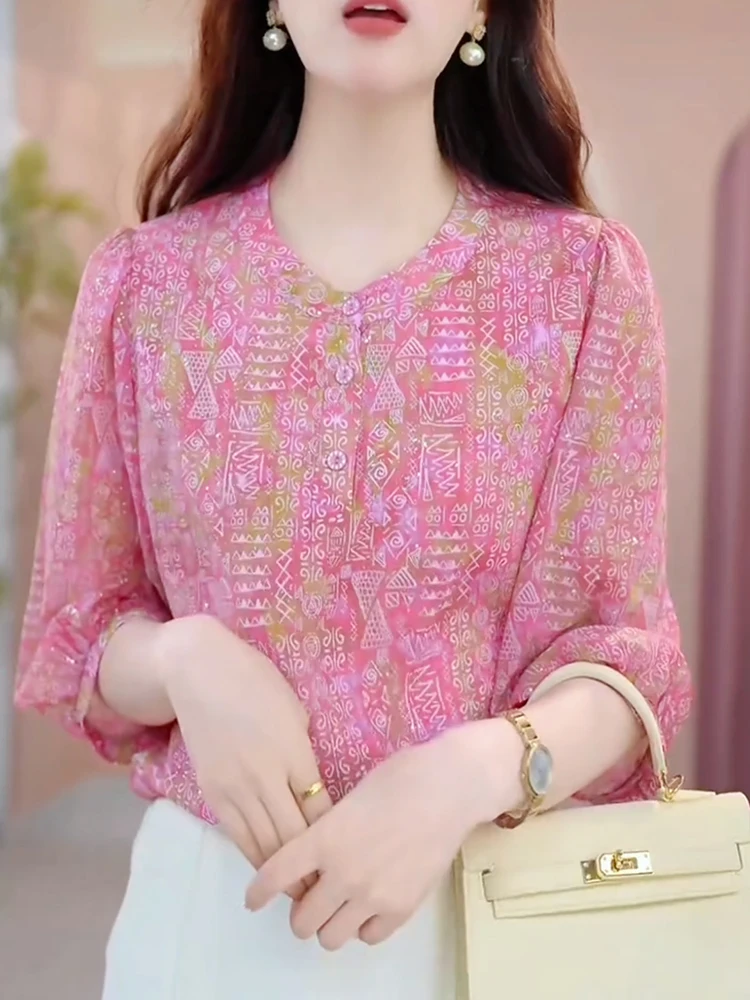 

Ele irt Summer 2025 Tee-Quarter Sve round Ne Versatile plus Size Slimming Top for Middle-Aged And ly Women