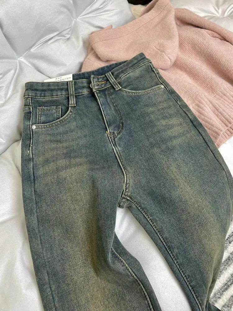 Thickened Fleece Retro Blue Straight Leg Jeans Women Winter plus Size High Waist Cover Hip Elastic Micro Flared  Hoof Pants