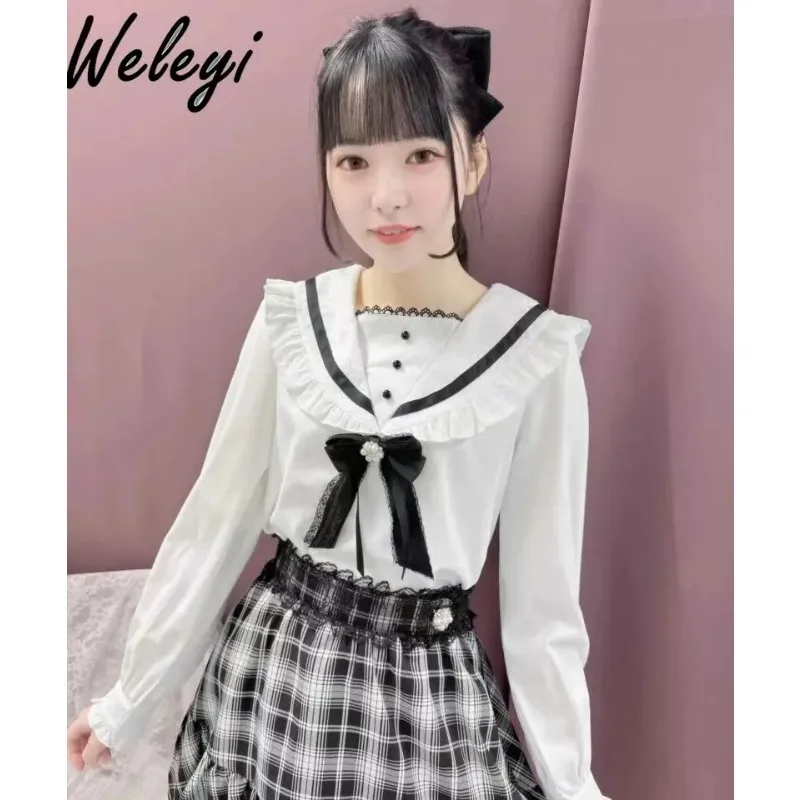 

Rojita Sweet Mine Series Shirts Women Mass Production Lace Top Lolita Cute Woman Sailor Collar Long Sleeve Pin Pink Black Shirt