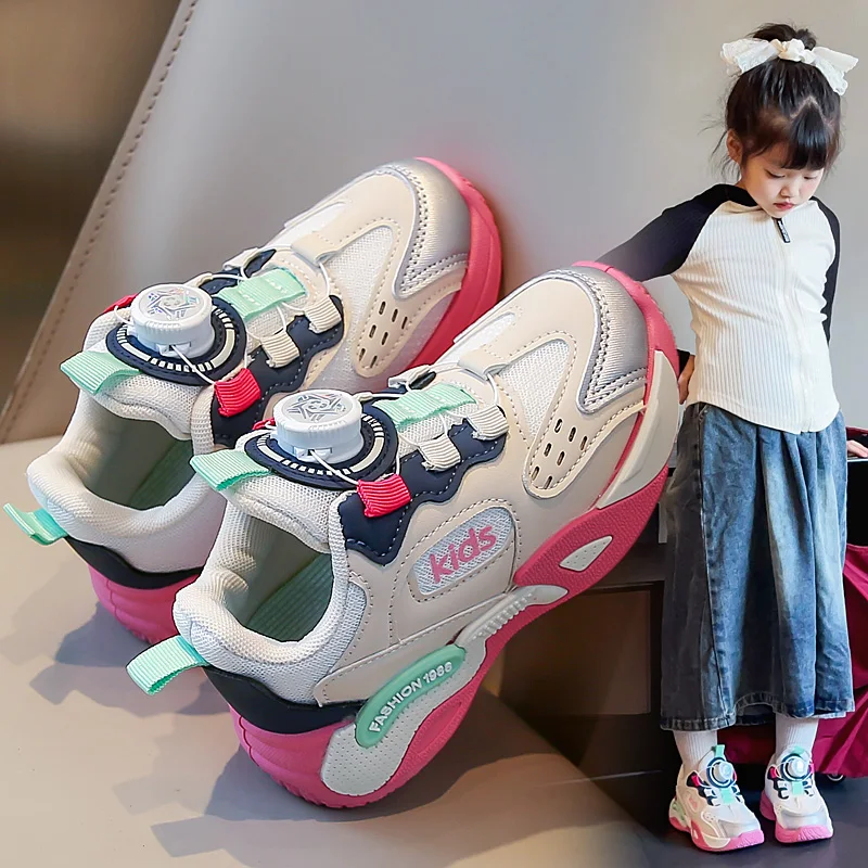 

Students Sneakers with Rotating Button Children Running Shoes Trendy Thick Soft Sole 2025 New Fashion Girls Sports Shoe Non-slip
