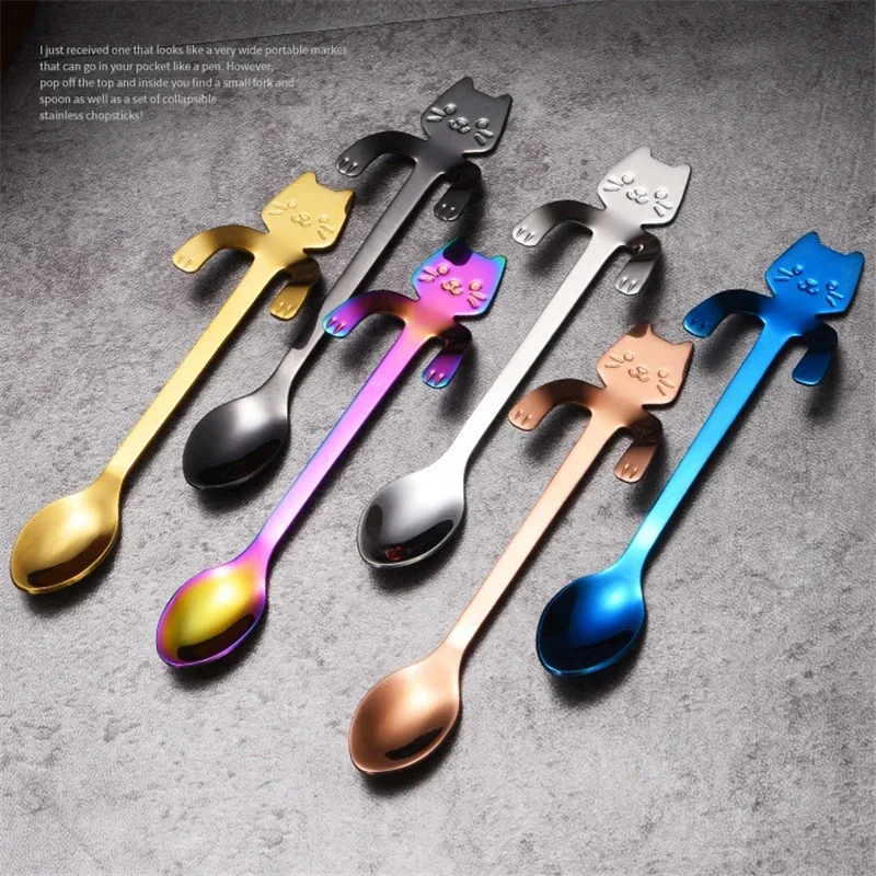 Children Spoons Tableware Kitchen Tools Mini Cute Cat Coffee Spoon 304 Stainless Steel Teaspoon Dessert Snack Scoop Ice Cream