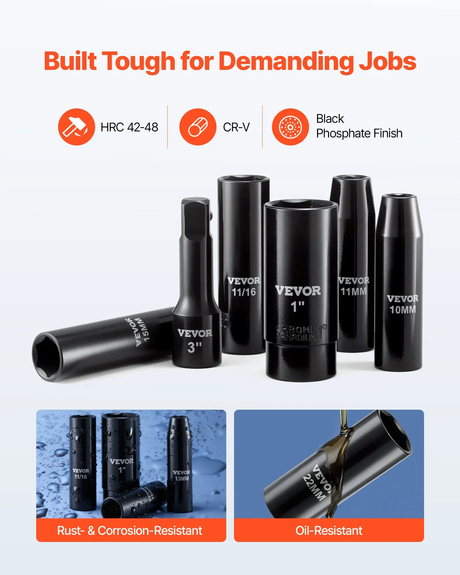 

1/2 In Drive Impact Socket Set, 29 Piece, 6 Point Deep Impact Sockets, SAE (3/8 To 1 Inch) And Metric (10 To 24 Mm) Sizes With