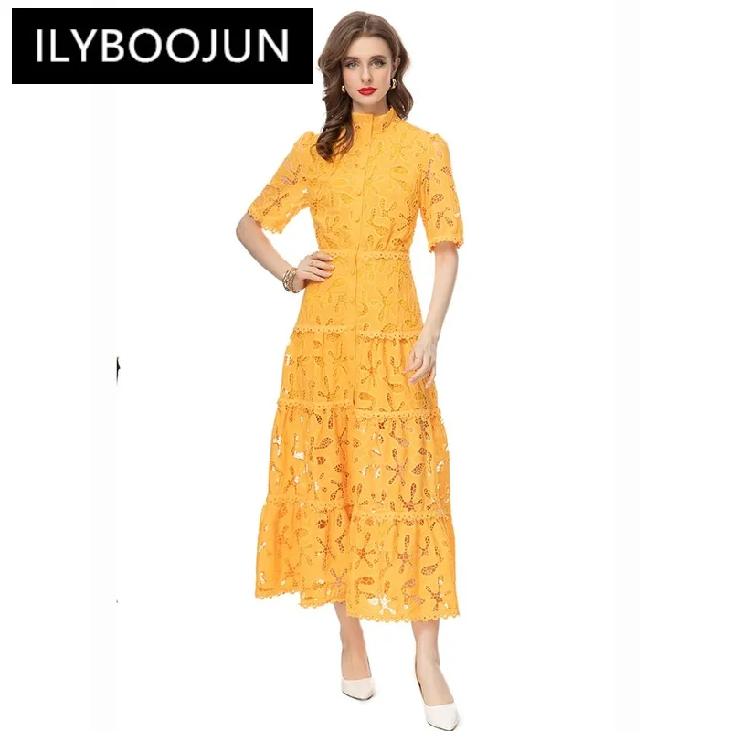 

ILYBOOJUN Summer Cheap Casual Dress Women Yellow Short Sleeve Single-breasted High waist Splice Hollow Out Travel Dress