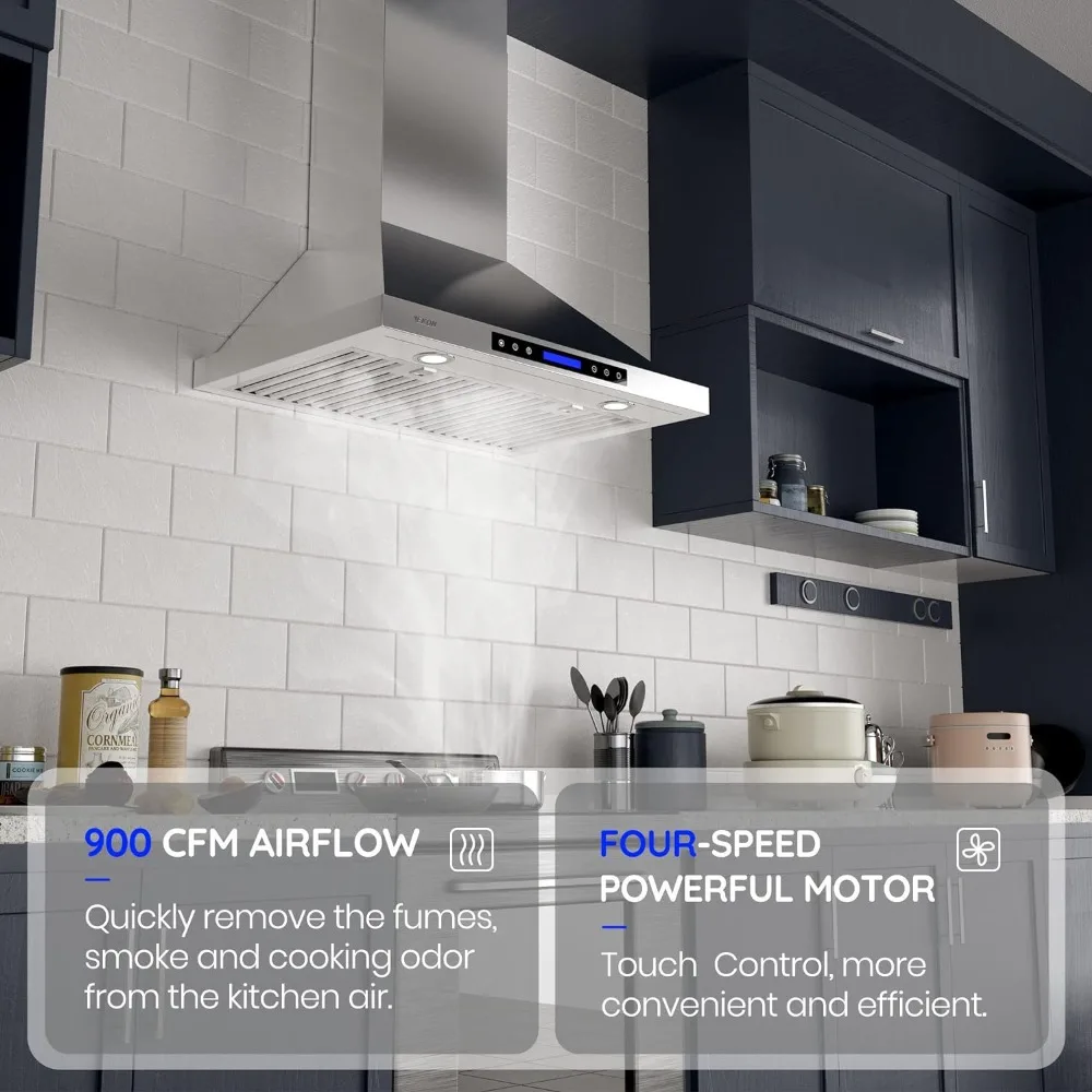 Range Hood, EKON NAP02 900CFM Wall Mount Range Hood Ducted/Ductless Convertible Kitchen Chimney Vent