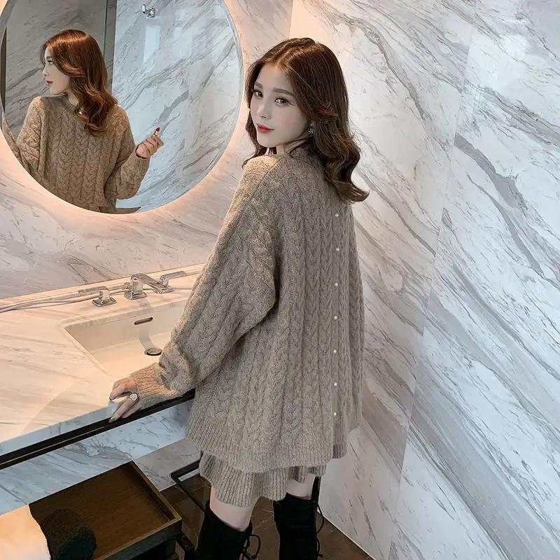 

Two Piece Sets Womens Outifits Knitted Skirt Cardigans Female Sweater Solid Clothes Ladies Dress Suits G585