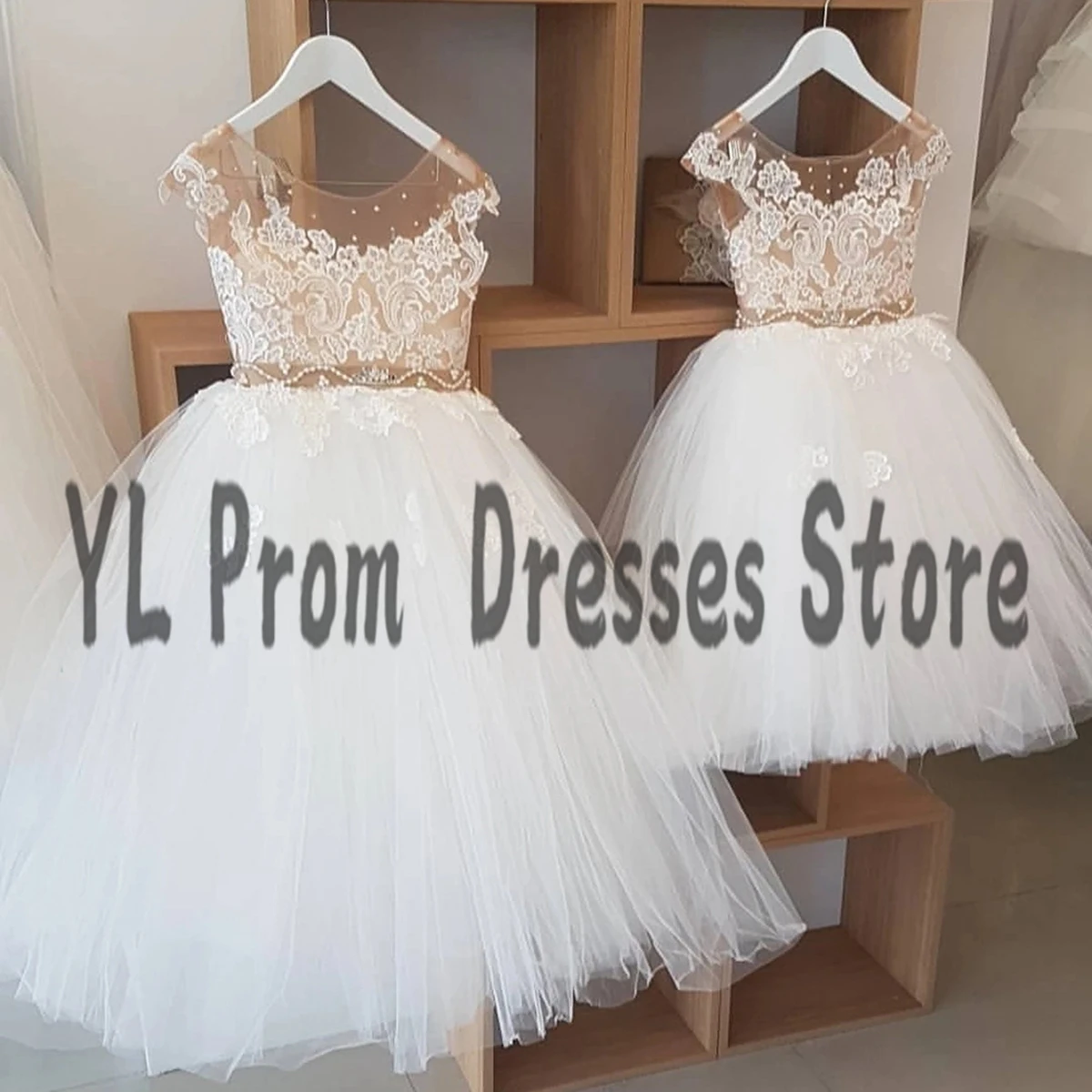 Yl marfim renda miçangas primeira comunhão vestidos de chá-comprimento colher pescoço pearsl a linha vestido de festa de casamento para bebê crianças vestidos de baile