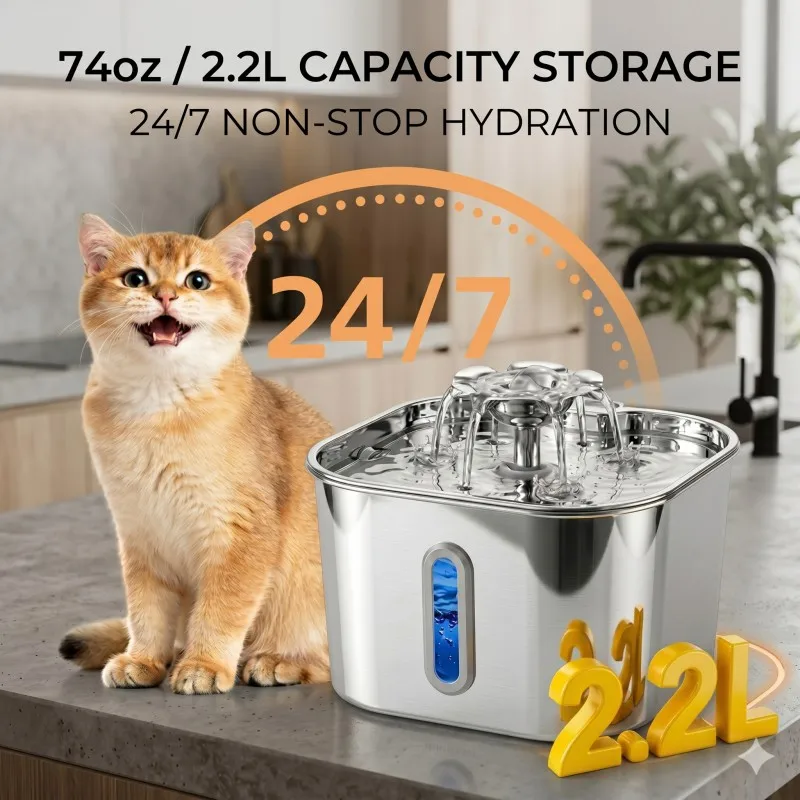 2.2L Stainless Steel Automatic Cat Water Fountain Silent Circulation Pump Visual Window Filter Pet Water Dispenser view 3