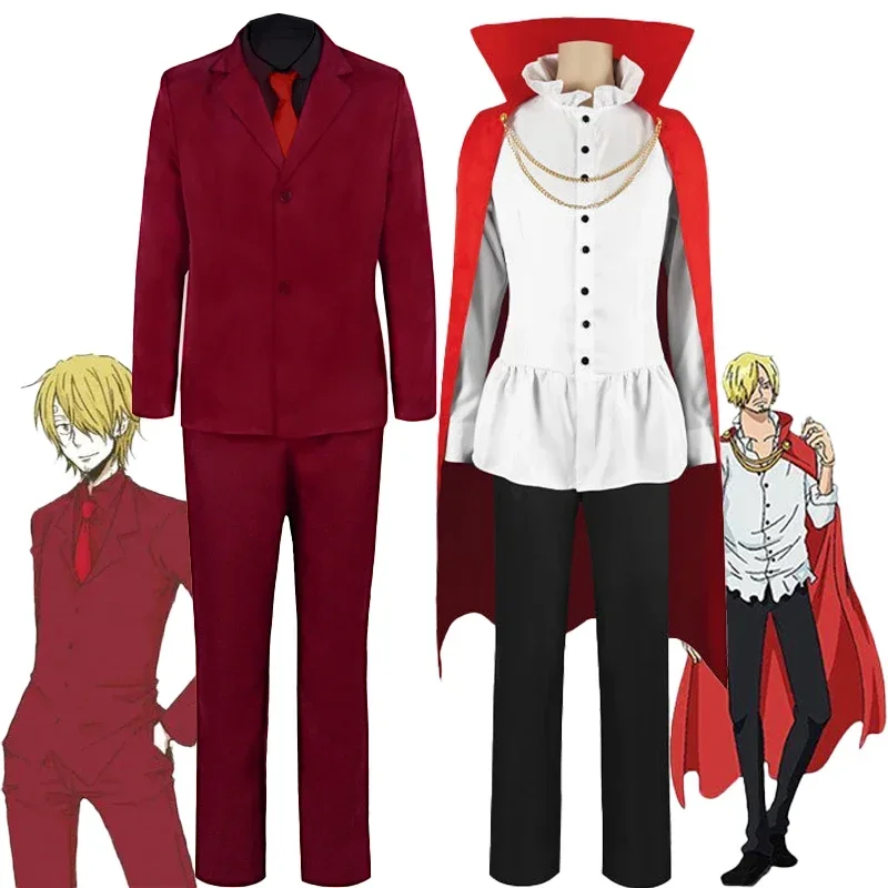 

FC6Sanji cosplay costume shirt long pants cloak set fantasy red uniform set Halloween Carnival party cosplay disguise cloth@FC8！