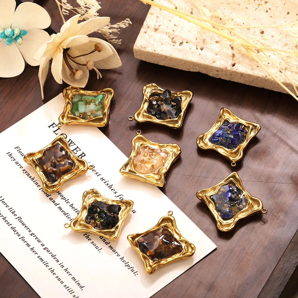 18K PVD Gold Stainless Stee Resin Stone Charms Women Retro Tiger Eye Stone For DIY Necklace Earring Jewelry Making Accessories