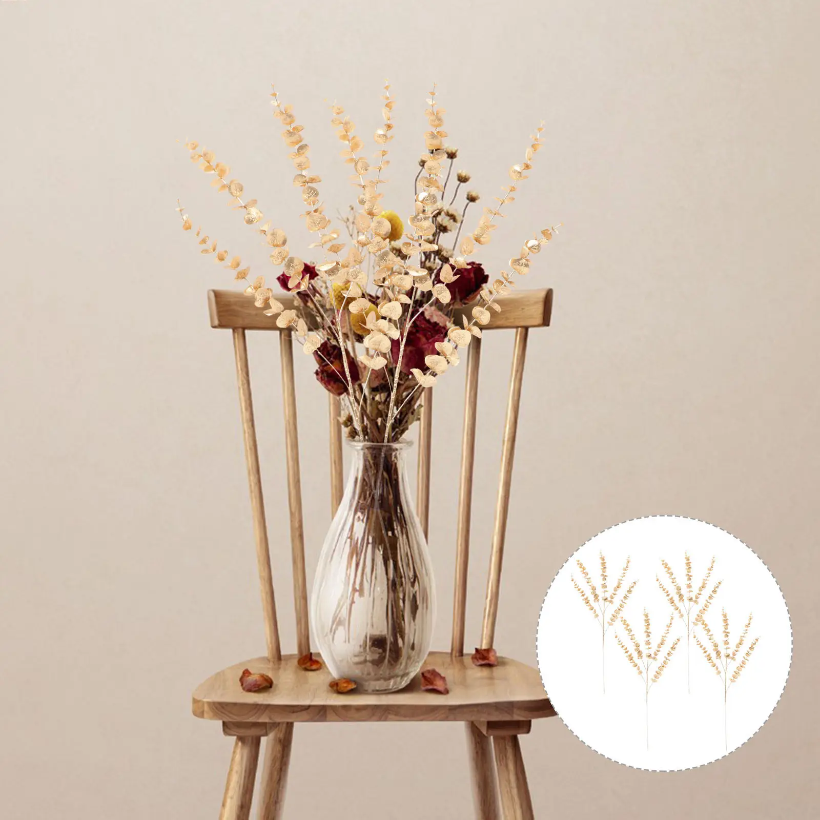 

4 шт. золотистых искусственных стеблей эвкалипта Real Touch, имитация веток для домашнего декора, офисного стола, свадебных вечеринок, ваз