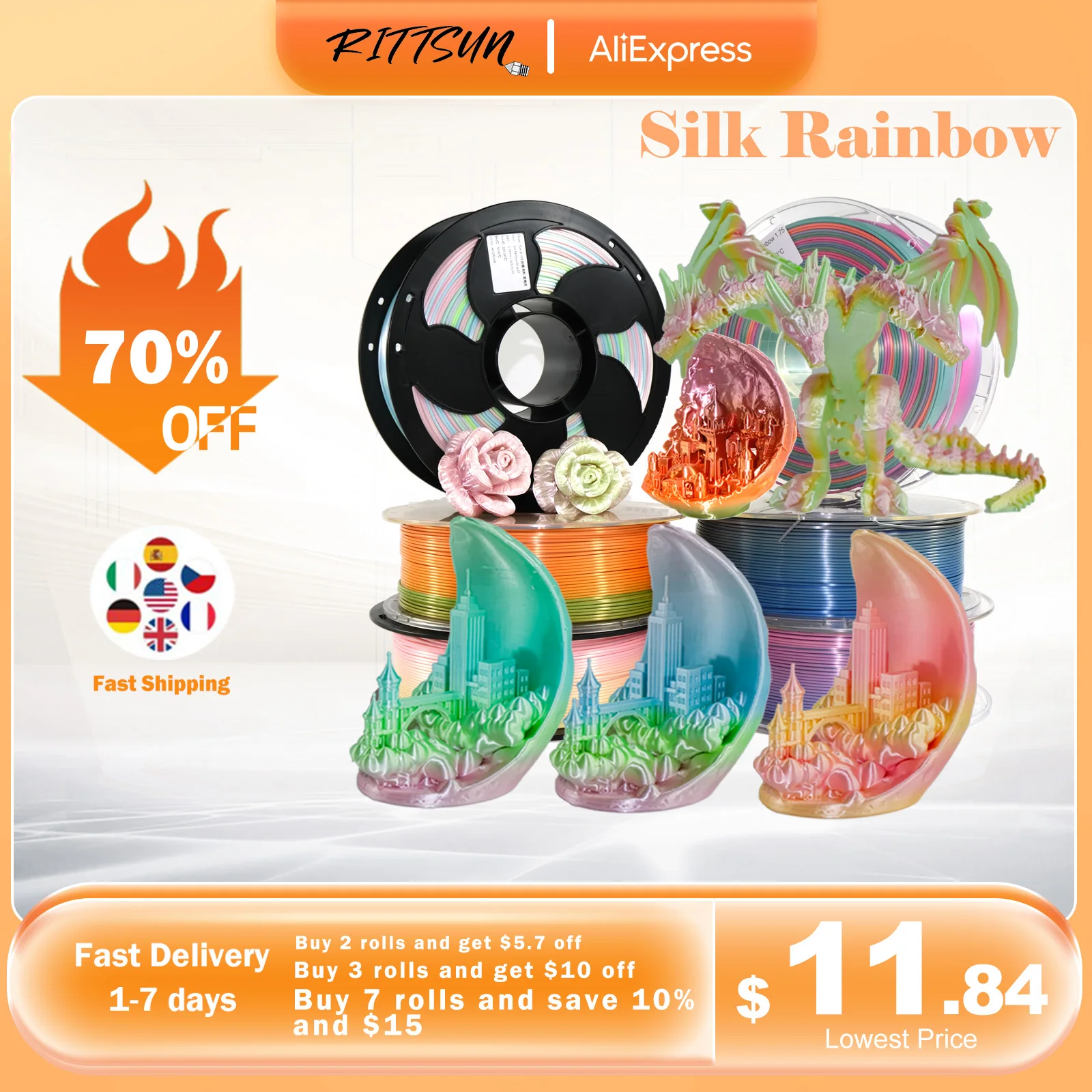

RITTSUN PLA Silk Rainbow Filament 1.75mm Multicolor Silk PLA 3D Printer Filament 1KG Spool 3D Printing Material For 3D Print