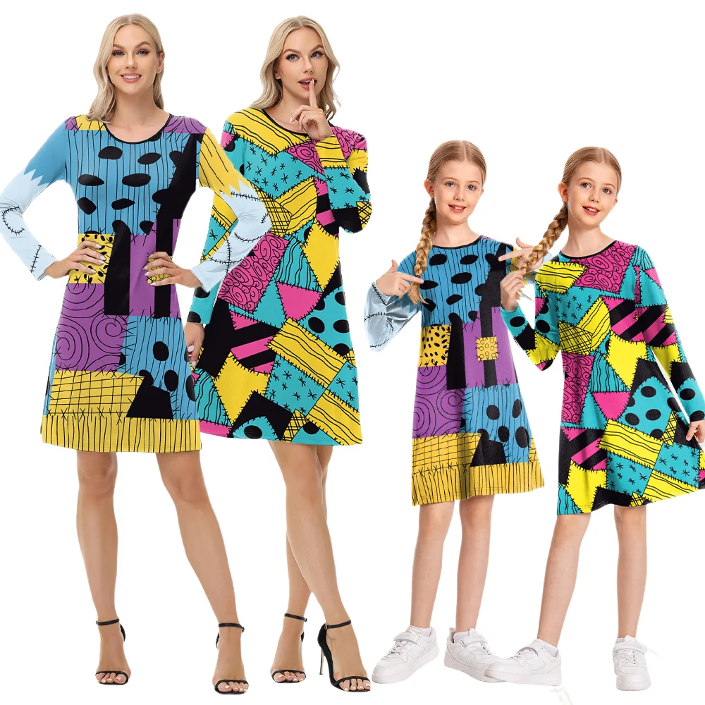 

Halloween Matching Outfit Dress Carnival Party Long Sleeve Dresses Movie Sally Cosplay Costumes Mother Daughter Clothing