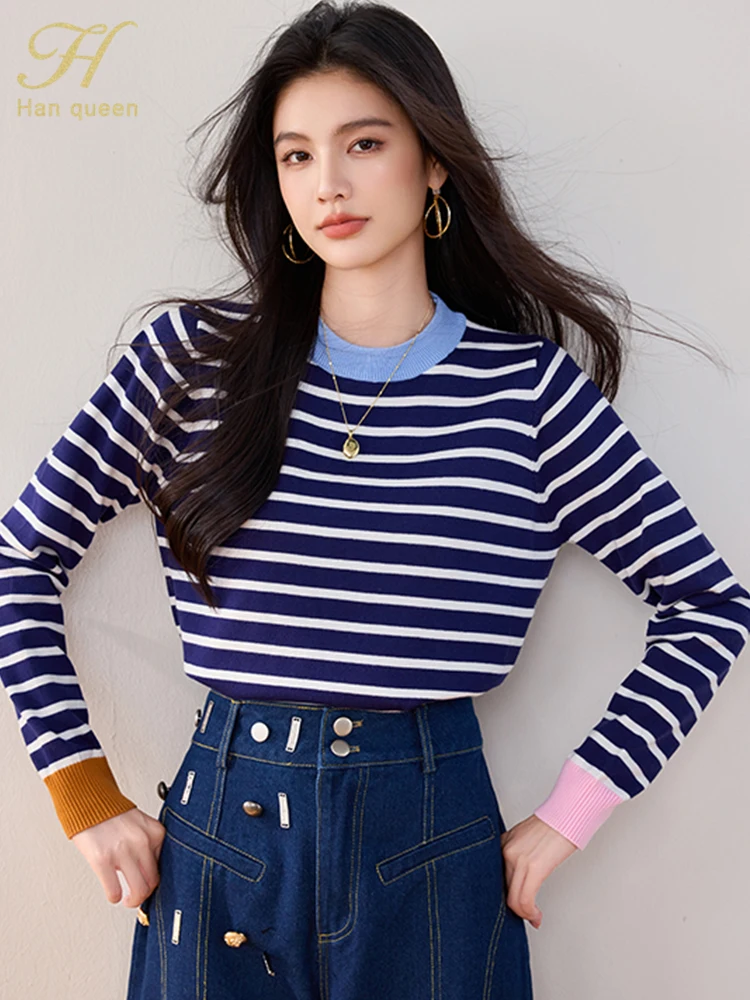 

H Han Queen, осенний пуловер, свитера, топы, свободные полоски, мягкий липкий трикотаж, шикарный свитер, винтажная повседневная модная женская одежда