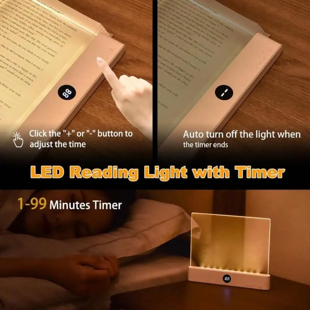 Luz de lectura, luz de lectura plana LED transparente recargable con temporizador, lámpara de panel regulable, luz de página completa para leer en la cama por la noche, regalos divertidos para lectores