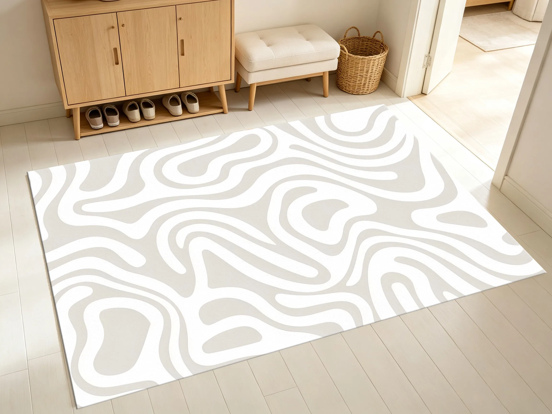 2D Large Carpet, Milky White Abstract Streamlined Pattern, Minimalist Style, Living Room & Bedroom