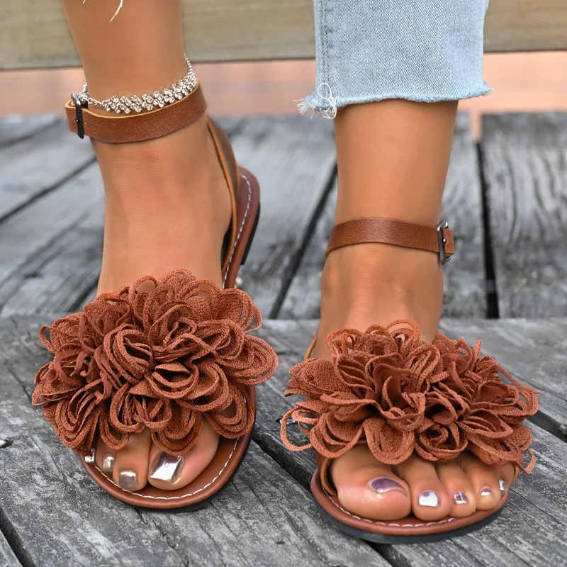 

Elegant Flower Flat Sandals for Women 2025 Summer New Voyeur Women Pump Silk Shallow Ankle Buckle Sandals Shoes for Women