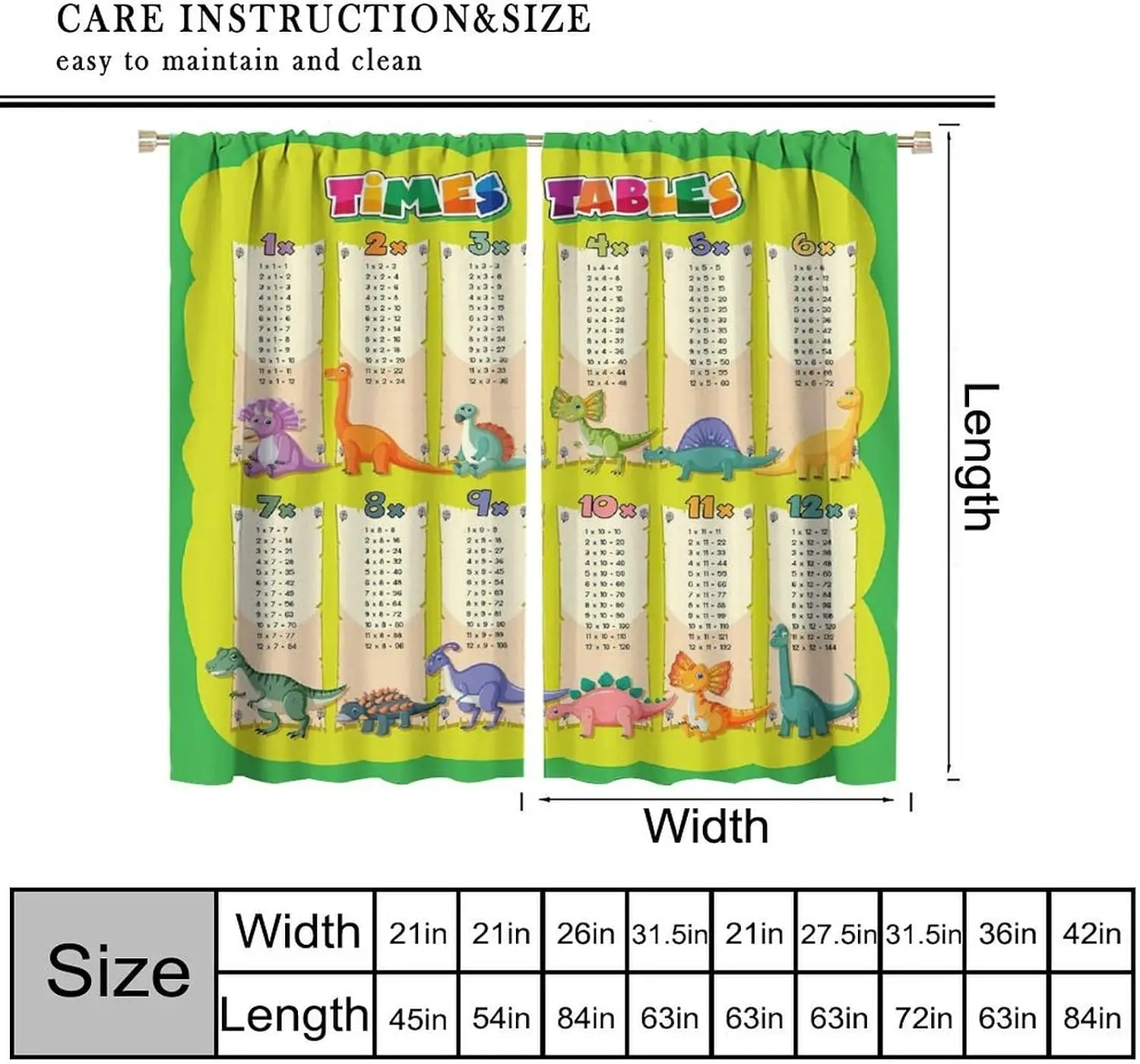Dinosaur Times Table Curtain Math Learning Educational Window Decor for Kids Classroom Kindergarten Boys Girls Party Supplies