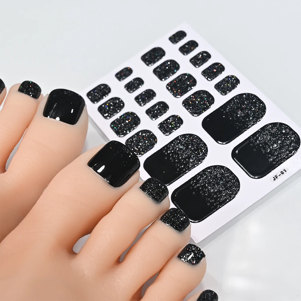 22tips Glitter Toe Nail Sticker Wraps Adhesive Decals Toenail Polish Strips Patch Women Solid Color Full Cover DIY Foot Sliders