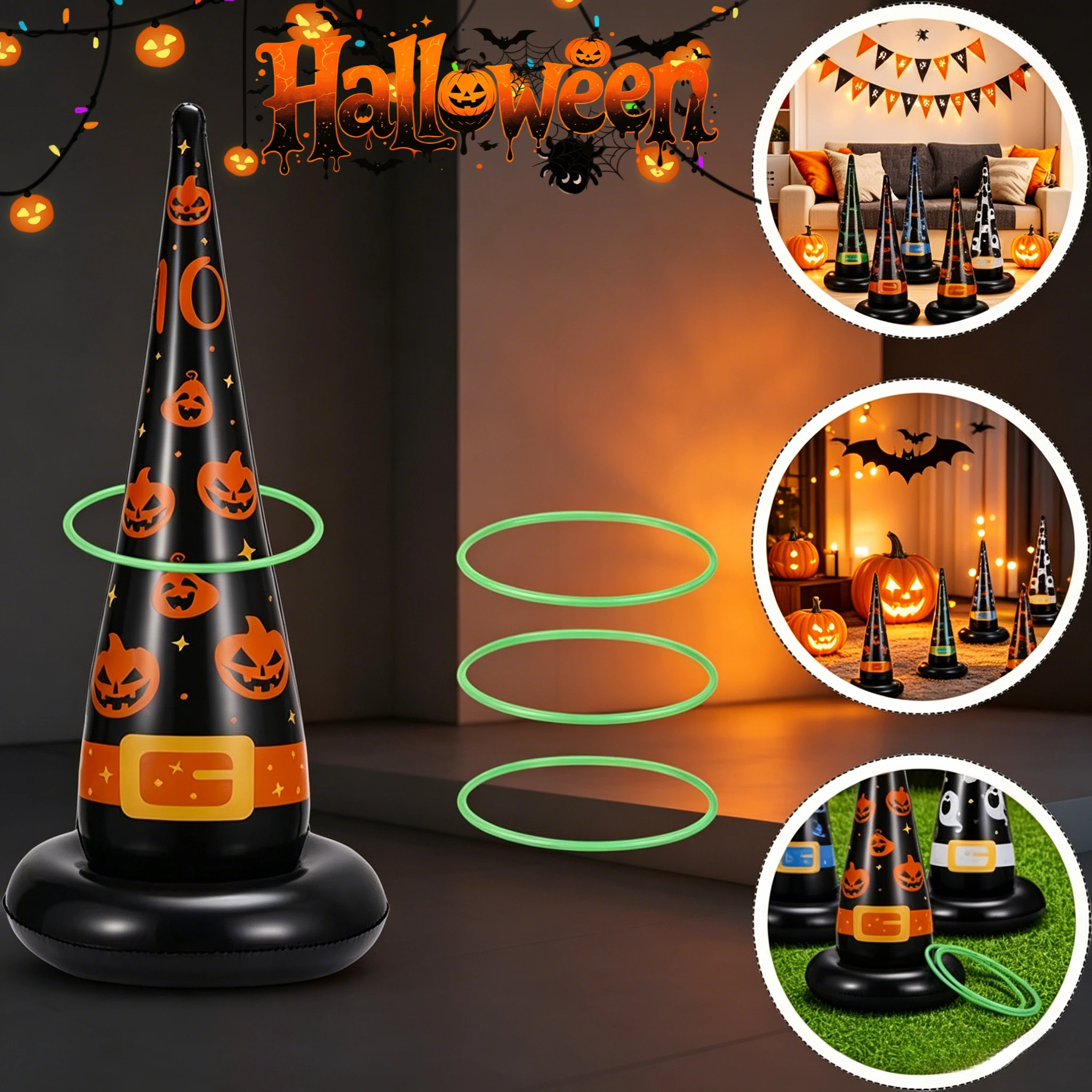 Inflatable Witch Hat Ring Toss Halloween Party Game with Point System Plastic Rings Air Pump Indoor Outdoor Garden Toys for Kids
