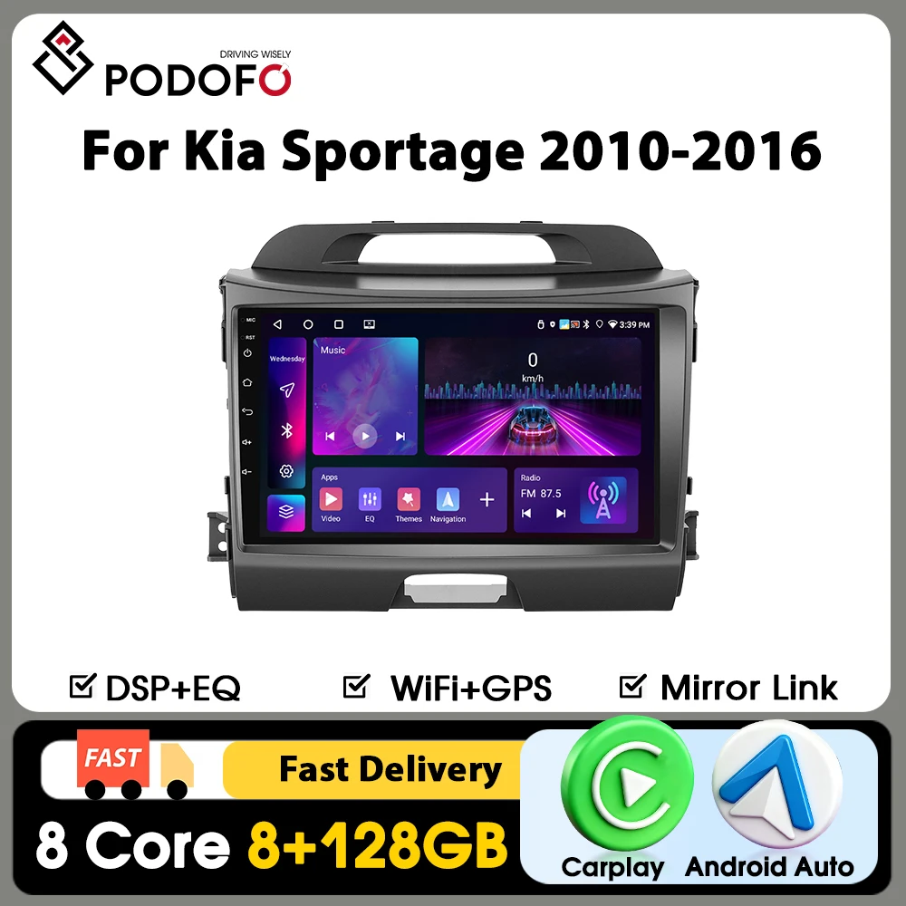 Podofo 9" Carplay Autoradio für Kia Sportage 2010-2016 Intelligentes Autoradio Android Auto GPS-Navigation KI-Sprachsteuerung WIFI 22G FM RDS Mirrorlink Geteilter Bildschirm