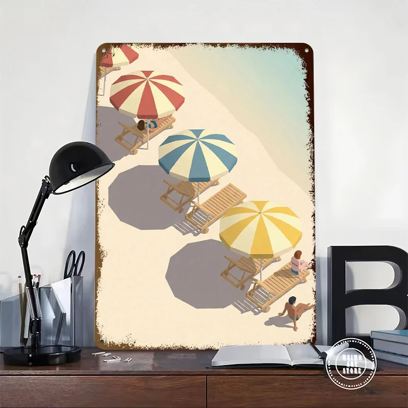 Isometric Beach Scene With Sunbathers Printed Poster Customized Retro Wall Art Vintage Metal Tin Signs for Home Decoration Room