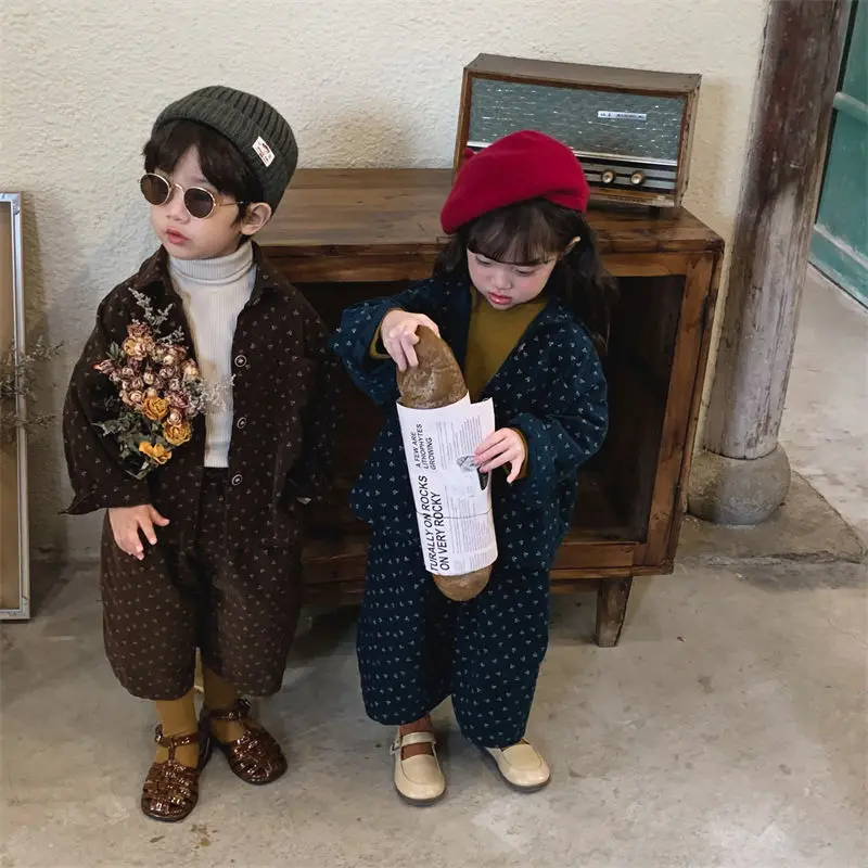 Boys and Girls Spring and Sutumn New Vintage Corduroy Cardigan Jacket Straight Leg Pants Set Baby Stylish Two-piece Set Trendy