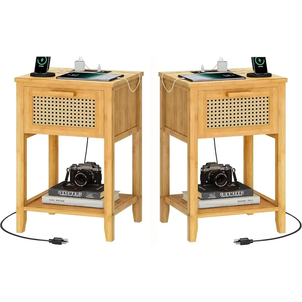 

A set of two rattan bedside tables, including a charging station and PE rattan decorative drawers,