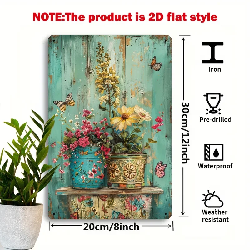 Vintage Butterflies and Flower Pots Metal Wall Art | 8x12 Inches - Perfect for Home, Florist, or Cafe Decor, Ideal
