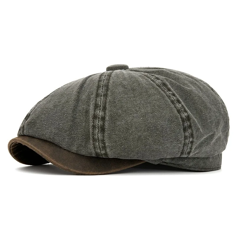 British-Style Color-Blocked Newsboy Cap for Men; Spring/Summer Washed Denim Octagonal Hat; Vintage Women's Artist Beret