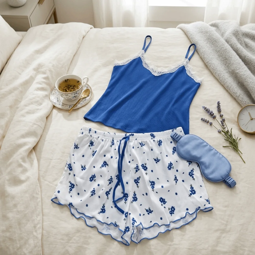 2 PCS Comfortable V-Neck 2Pieces Pajama Set Flower Lace Women Sleepwear Patchwork Sweet Floral Nightwear Suit Women