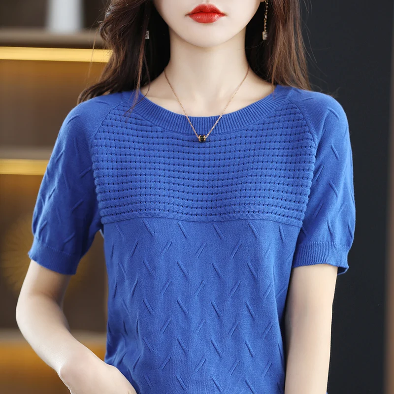 100% cotton short sleeve 2023 summer new women\'s round neck pullover loose knit solid color top casual vest fashion T-shirt