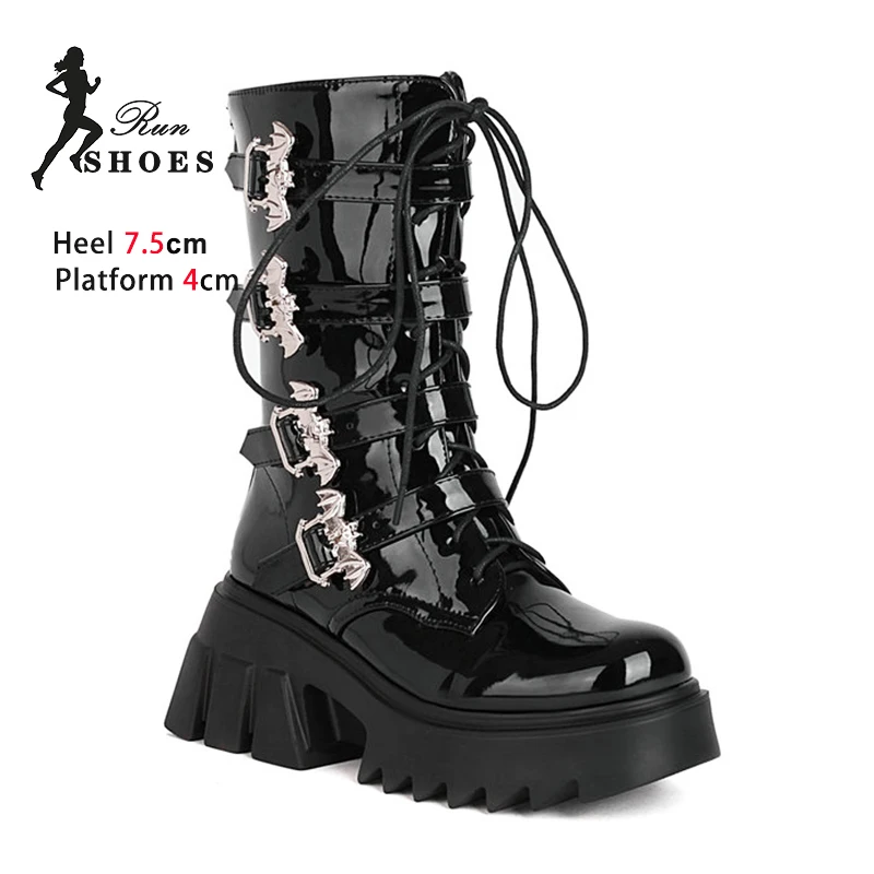 

Зимние женские ботинки до середины икры, женские ботинки на платформе в стиле панк 7,5 см, новинка 2025, модная женская обувь с металлической пряжкой в готическом стиле на толстой подошве