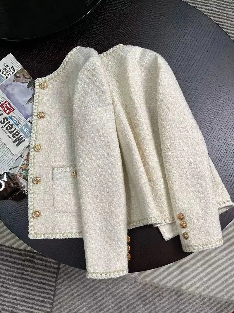 2023 Spring and Autumn New Beige Short Temperament Tweed Coat for Women