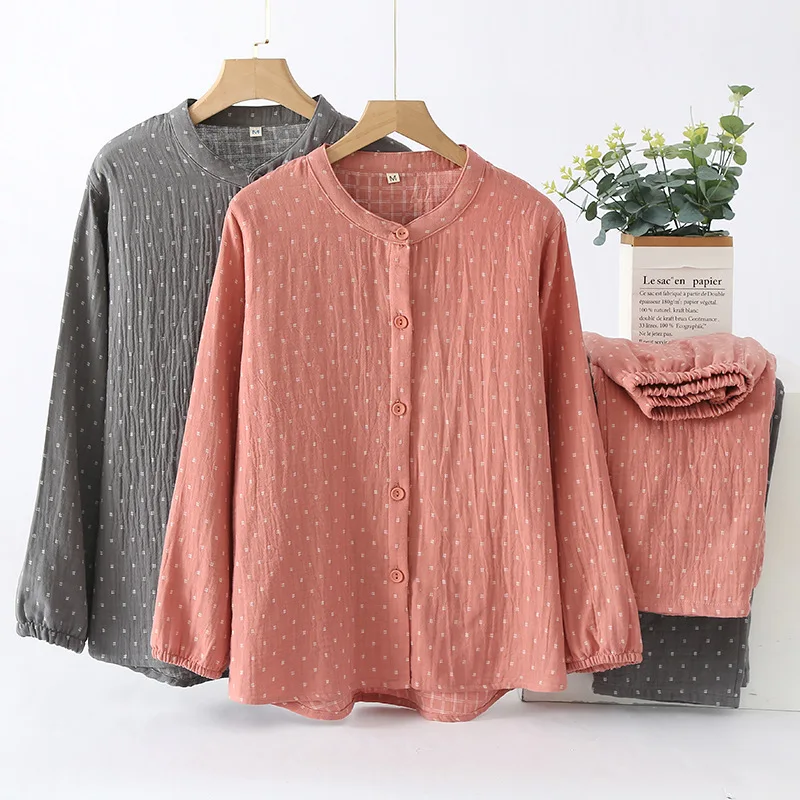 Women Dotted Cotton Gauze Pajama Set Stand Collar Long Sleeve Button Shirt Pants 2 Piece Soft Wrinkled Sleepwear Elastic Waist H
