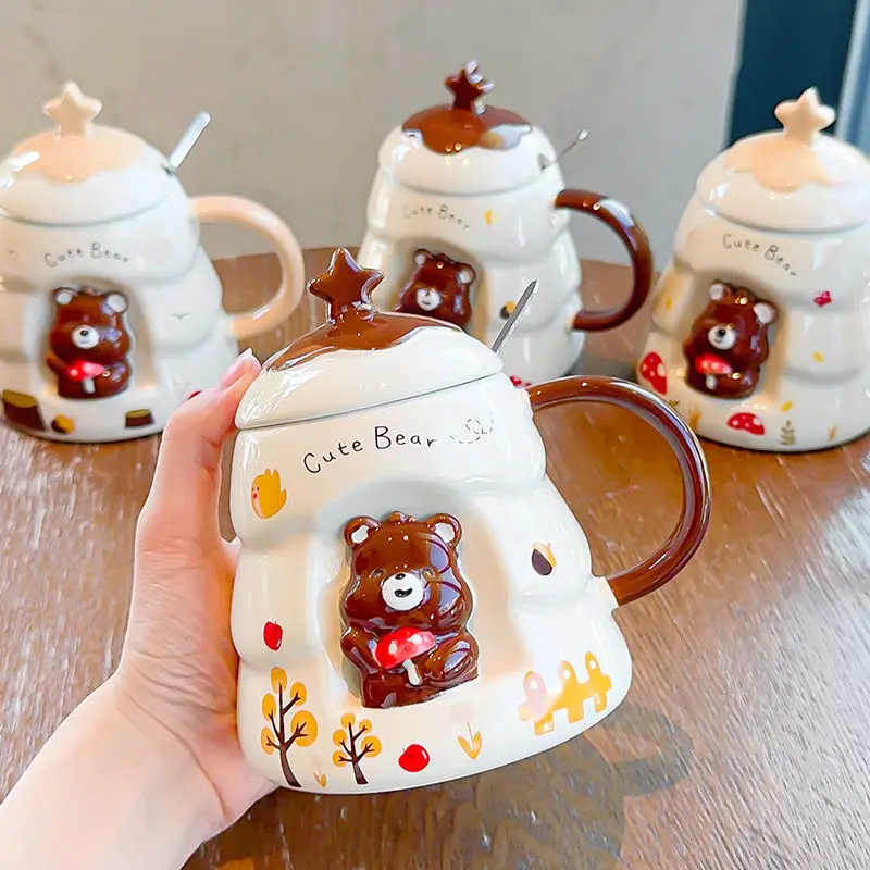 Relief Bear Ceramic Cup Cute Ceramic Mug with Lid on Hand Christmas 3D three-dimensional Mug Couple Coffee Cup Home Water Cup