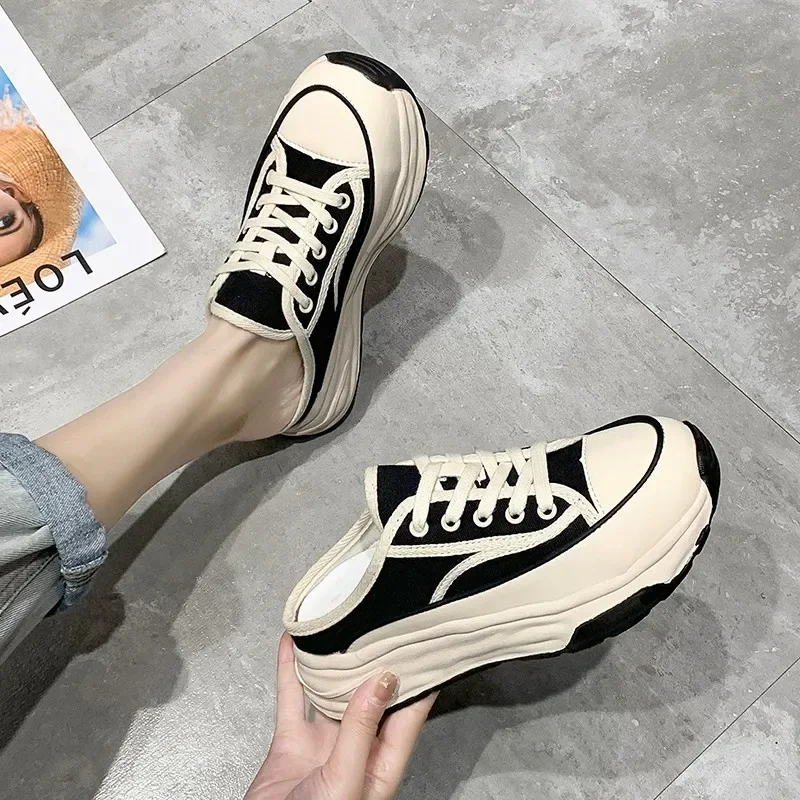 2023 Spring Autumn Women\'s Slippers Fashion Baotou Half Slippers Wear New Style Muffin Lace-Up Casual Canvas Slippers of Women