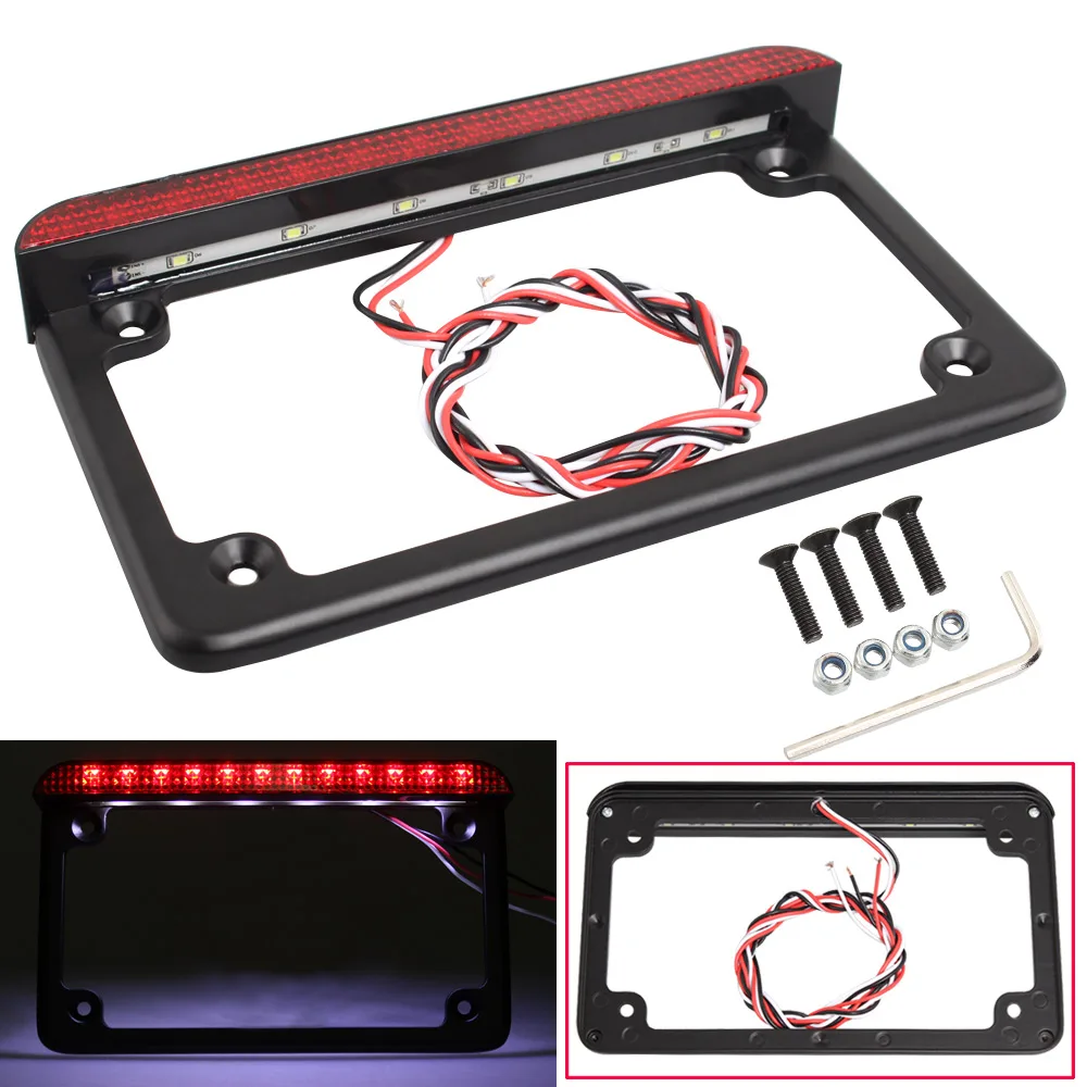 For Honda / Suzuki/ Yamaha / Harley Motorcycle Red License Plate Frame W ith LED Turn Signal Indicator Light Bracket Accessorie